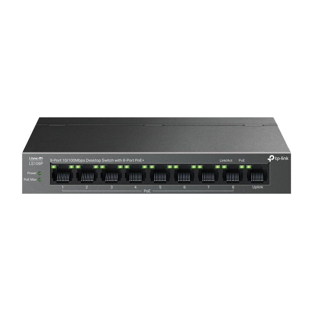 TP-Link LS109P 9-Port 10/100Mbps Desktop Network Switch with 8-Port PoE+ (Unmaged) with 63W PoE Budget, IP Surveillance & 250m Transmission for IP Security Cameras, Phones, Access Points & Network Video Recorders | TP LINK TPLINK