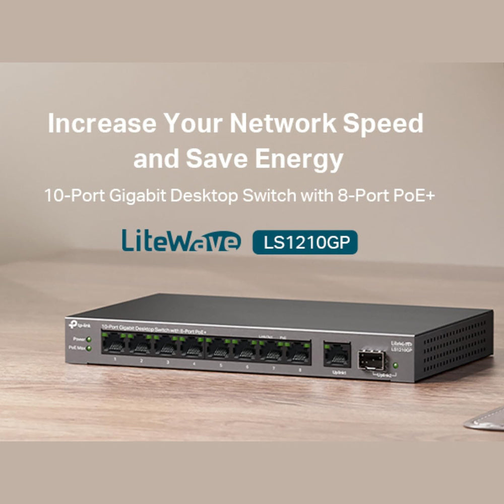 TP-Link LS1210GP LiteWave 10-Port Gigabit Desktop Switch with 8-Port PoE+ | 61W Budget, 250m Transmission, Auto-Recovery & Traffic Separation for IP Security Cameras, IP Line Phone, Access Points & Network Video Recorder | TP Link TPLink