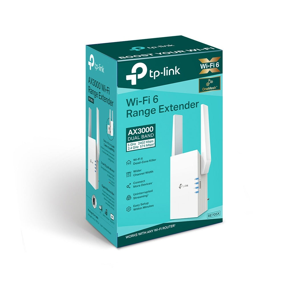 TP-Link RE705X AX3000 Wireless Dual Band Wireless Mesh Wi-Fi 6 Range Extender 2402Mbps 5GHz / 574Mbps 2.4GHz Plug-In Wifi Repeater Router with MIMO Built-In Access Point TP LINK TPLINK