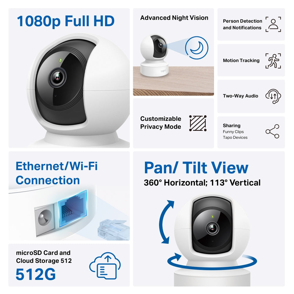 TP-Link Tapo C202 Pan/Tilt Wi-Fi Home Security Camera with Advance Night Vision, Subject Detection & Motion Tracking, Two-Way Audio, Sound & Light Alarm, Voice Assist & Privacy Mode | CCTV & Surveillance Cameras | TP LINK TPLINK