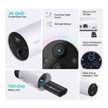 TP-Link Tapo C420S1 / C420S2 / C420 2K QHD Full Color Night Vision SMART Wire-Free Security Camera with AI Detection, IP65 Water Dust Resistant, MicroSD Slot, 2-Way Audio and Mobile App Monitoring