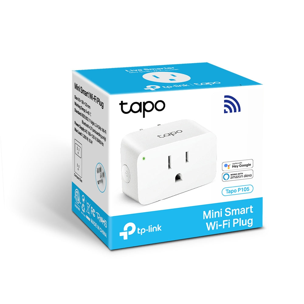 TP-Link Tapo P105 Mini Smart Wi-Fi Plug 100-240V 2.4GHz with Bluetooth 4.2 (Onboarding only), Amazon Certified for Humans FFS, Voice Control, Remote Control with Tapo App, Schedule & Timer, Device Sharing, Flame Retardant