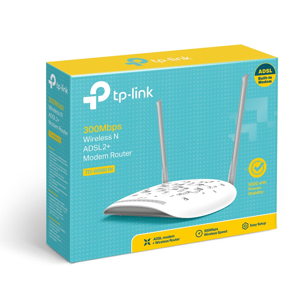 TP-Link TD-W8961N 300Mbps Wireless N ADSL2+ Modem Router with 300Mbps at 2.4GHz, ADSL 24/3.3Mbps, 4 Fast Ethernet LAN Ports, RJ11 Port, 2x 5dBi Omni-Directional Fixed Antennas, Annex A, IPTV