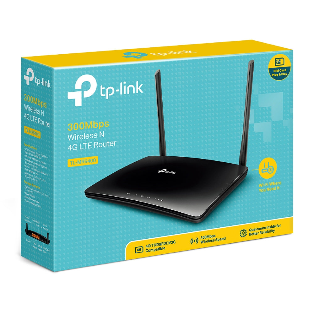 TP-Link TL-MR6400 300Mbps Wireless N 4G LTE Router 2.4GHz with Built-in SIM Card Slot, 150Mbps 4G LTE Modem, 3x Fast Ethernet LAN Ports, 10/100Mbps LAN/WAN Port, Parental Controls, QoS, Cloud Support, Works with Tether App