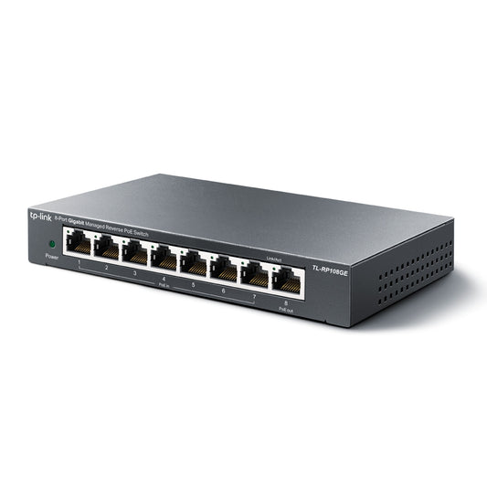 TP-Link TL-RP108GE 8-Port Gigabit Managed Reverse PoE Switch 7 PoE Input, 1 Passive PoE Output 1000Mbps RJ45 Ports, Driver Free, 5V/12V DC Out Port, MTU, Port/Tag-based VLAN, QoS, IGMP Snooping, Web/Utility Management