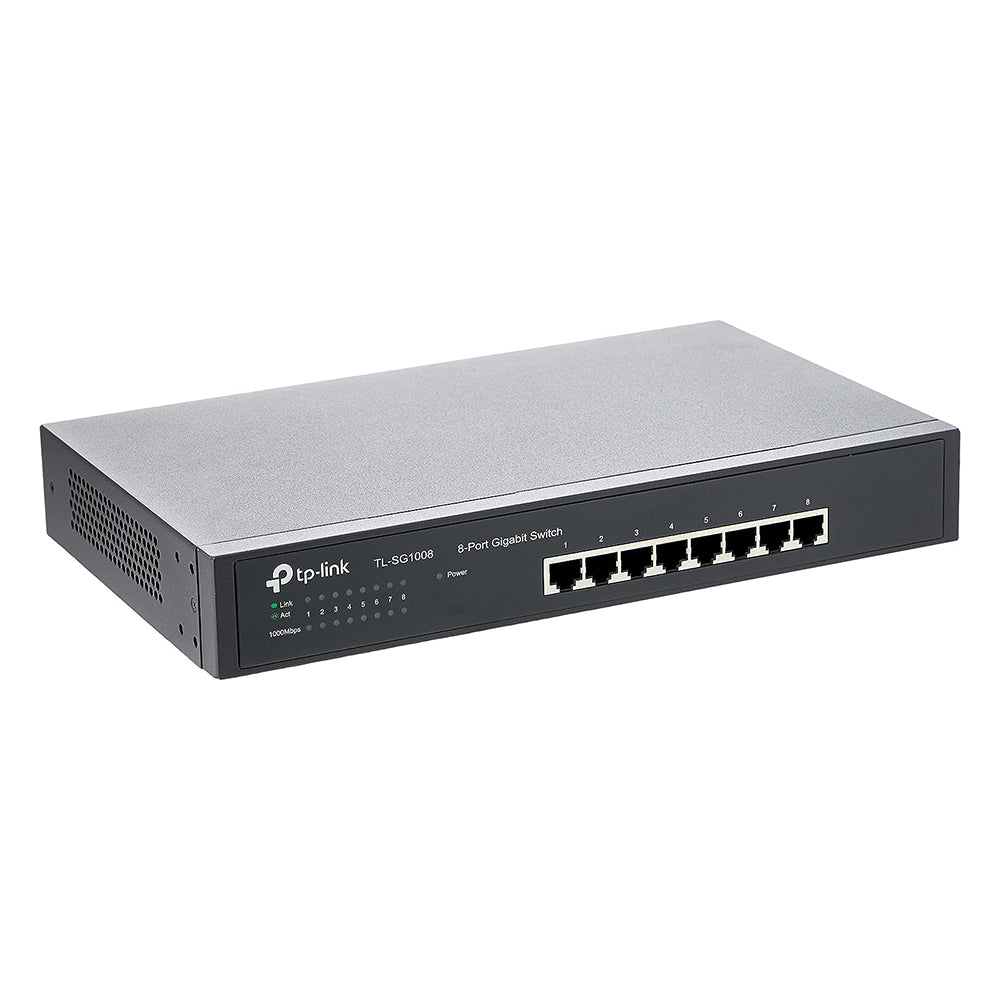 TP-Link TL-SG1008 8-Port Gigabit Desktop Switch (Unmanaged) 1U 13-inch Rackmount, 8x Gigabit 10/100/1000Mbps RJ45 Ethernet Ports, 16Gbps Switching Capacity, 4K MAC Address Table, Support Auto MDI/MDIX, QoS Network Switch