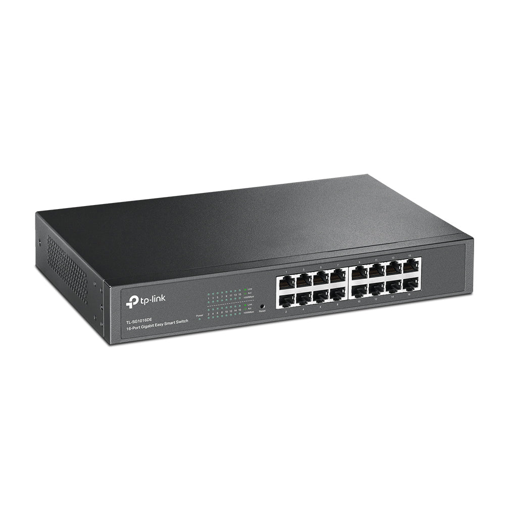 TP-Link TL-SG1016DE 16-Port Gigabit Easy Smart Switch 1U 13-inch Rackmount, 16x Gigabit 10/100/1000Mbps RJ45 Ethernet Ports, 32Gbps Switching Capacity, MTU/Port/Tag-based VLAN, QoS, Web/Utility Management