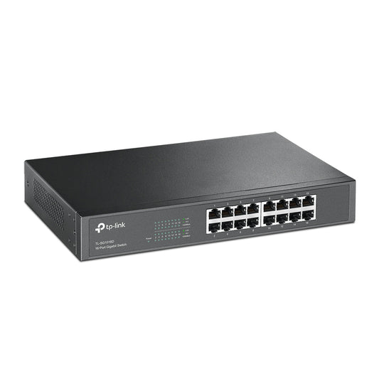 TP-Link TL-SG1016D 16-Port Gigabit Desktop Switch (Unmanaged) 1U 13-inch Rackmount, 16x Gigabit 10/100/1000Mbps RJ45 Ethernet Ports, 32Gbps Switching Capacity, 8K MAC Address Table, Support Auto MDI/MDIX, QoS Network Switch