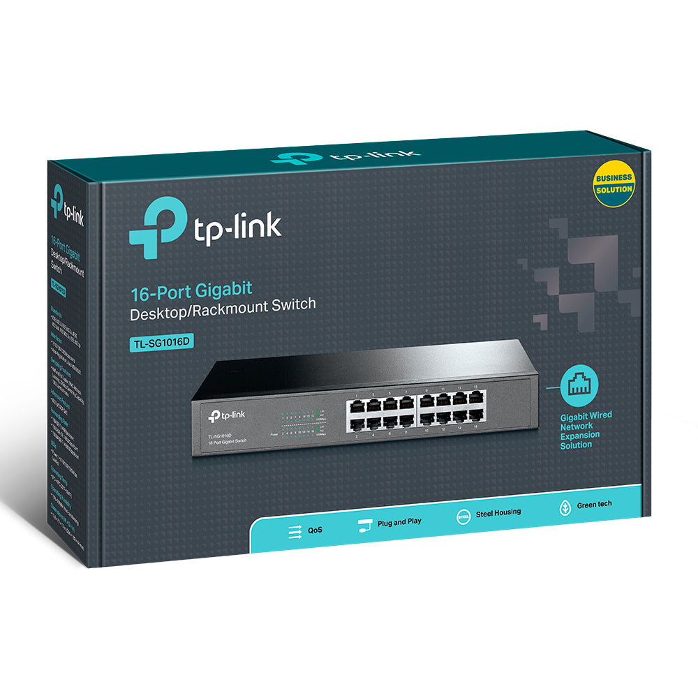 TP-Link TL-SG1016D 16-Port Gigabit Desktop Switch (Unmanaged) 1U 13-inch Rackmount, 16x Gigabit 10/100/1000Mbps RJ45 Ethernet Ports, 32Gbps Switching Capacity, 8K MAC Address Table, Support Auto MDI/MDIX, QoS Network Switch
