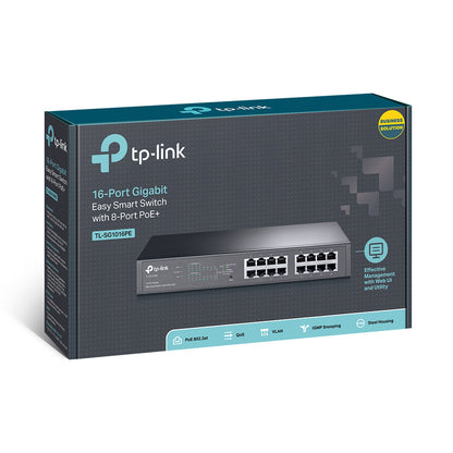 TP-Link TL-SG1016PE 16-Port Gigabit Easy Smart Switch with 8-Port PoE+ 1U 13-inch Rackmount, 16x Gigabit 10/100/1000 RJ45 Ethernet Ports, 110W PoE Power, 32Gbps Switching Capacity, MTU/Port/Tag-based VLAN, QoS, Web/Utility Management