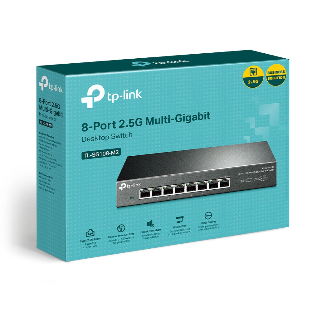 TP-Link TL-SG108-M2 8-Port 2.5G Multi-Gigabit Desktop Switch (Unmanaged) 8x 2.5G RJ45 Ports, 40Gbps Switching Capacity, 16K MAC Address Table, 802.3X Flow Control, 802.1p/DSCP QoS, Driver Free