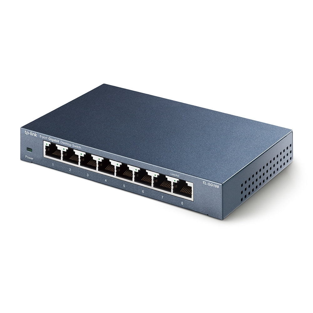 TP-Link TL-SG108 8-Port Gigabit Desktop Switch (Unmanaged) 8x 10/100/1000Mbps RJ45 Ethernet Ports Support Auto-MDI/MDIX with 4K MAC Address Table, 802.3X Flow Control, 802.1p/DSCP QoS, IGMP Snooping, Green Technology