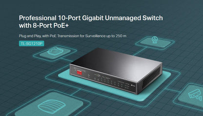 TP-Link 10 Port Gigabit Desktop Switch with 8 Port PoE+ 10/100/1000Mbps RJ45 Ethernet + SFP Slot Network Hub for IP Phone, Access Point, Router, IP CCTV Camera, NVR | TL-SG1210P, TL-SG1210PP