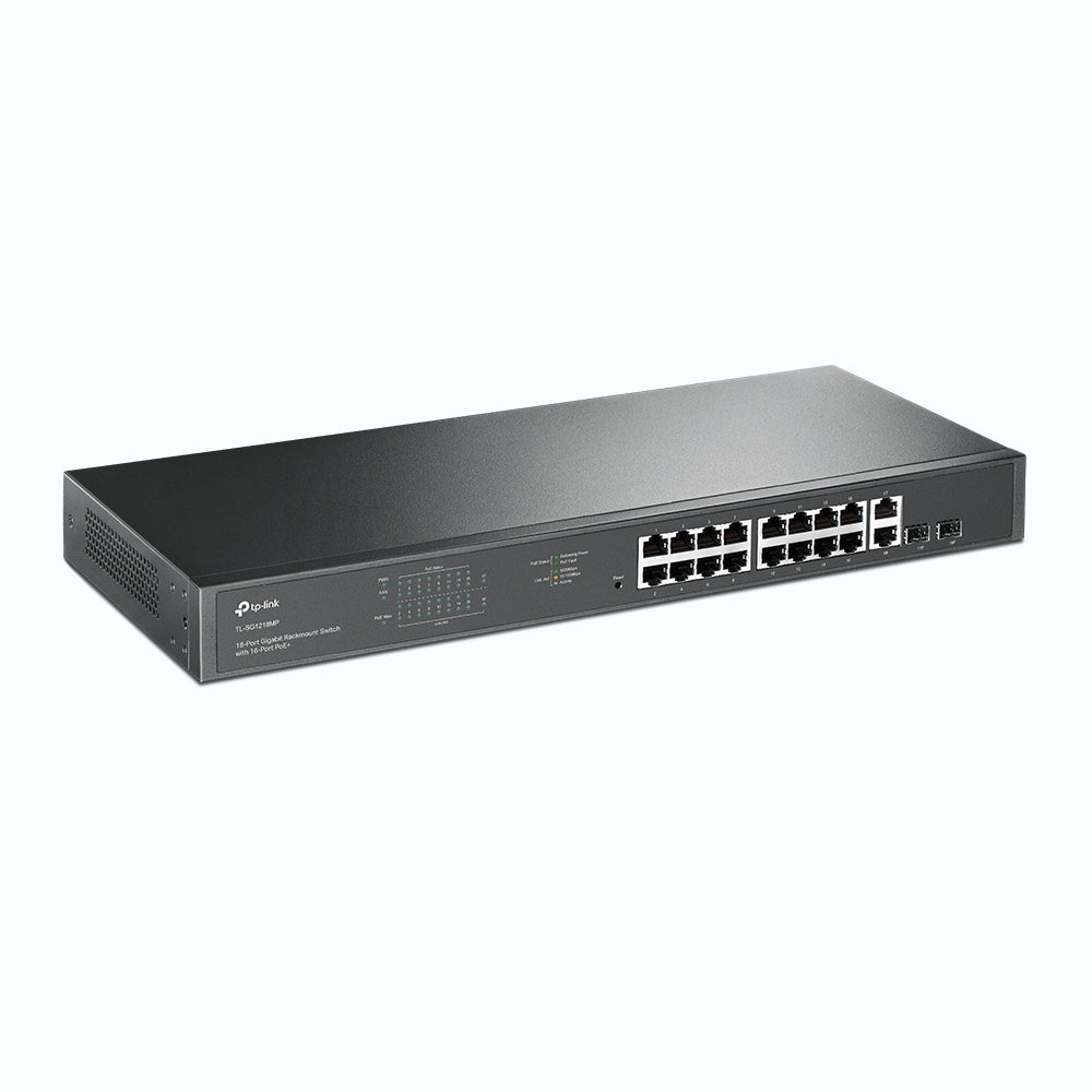 TP-Link TL-SG1218MP 18-Port Gigabit Rackmount Switch with 16 PoE+ (Unmanaged) 16x Gigabit PoE+ Ports, 2x Gigabit Non-PoE Ports, 2x Combo Gigabit  SFP Slots, 802.3at/af, 250W PoE Power, 36Gbps Switching Capacity, 802.1p/DSCP QoS