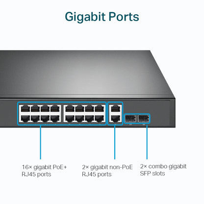 TP-Link TL-SG1218MP 18-Port Gigabit Rackmount Switch with 16 PoE+ (Unmanaged) 16x Gigabit PoE+ Ports, 2x Gigabit Non-PoE Ports, 2x Combo Gigabit  SFP Slots, 802.3at/af, 250W PoE Power, 36Gbps Switching Capacity, 802.1p/DSCP QoS