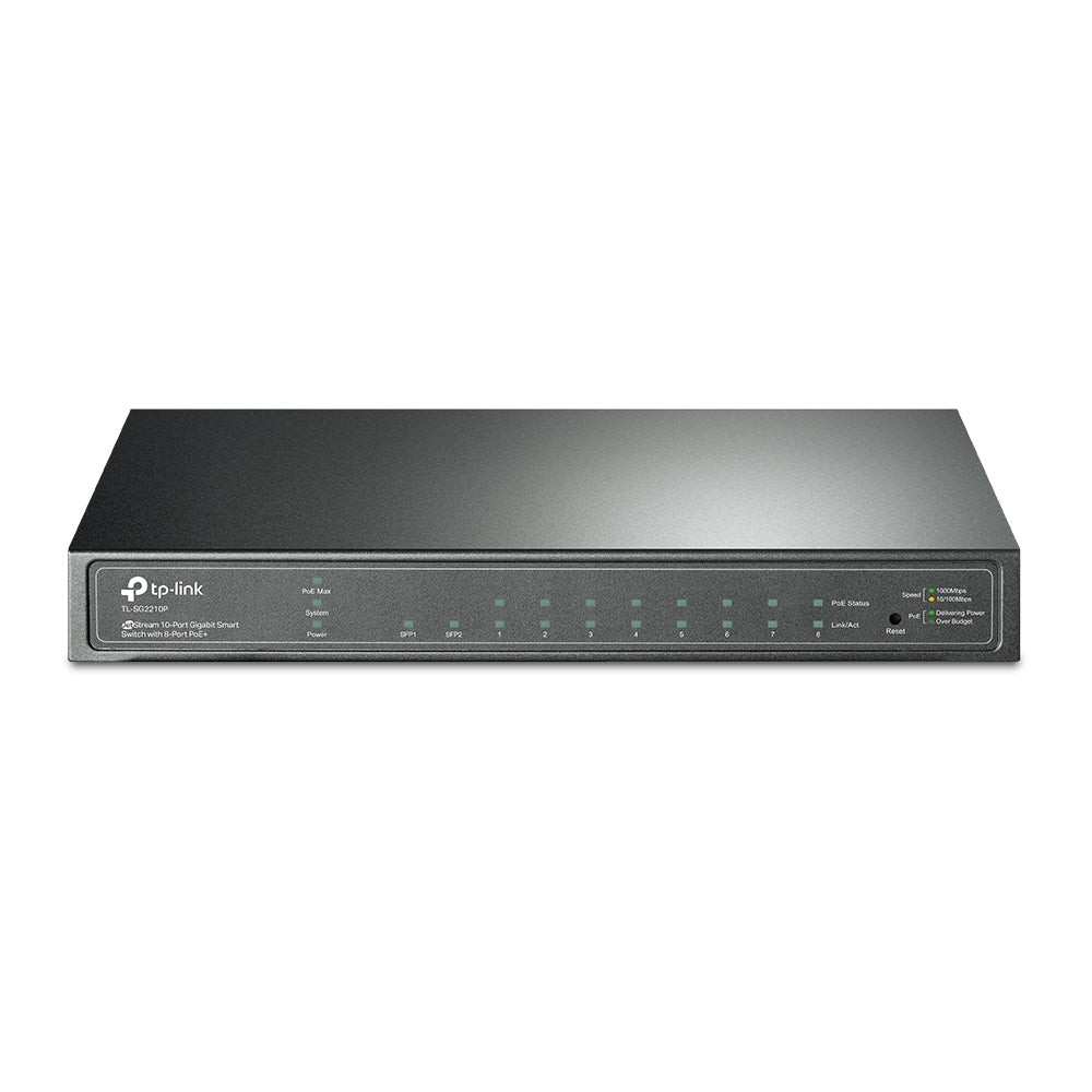 TP-Link TL-SG2210P 10-Port Gigabit Smart Switch with 8-Port PoE+, 2 SFP Slots, 58W PoE Power, Integration with Omada SDN Controller, 802.1Q VLAN, STP/RSTP/MSTP, IGMP Snooping, QoS, Robust Security, SNMP, Dual Image, IPv6