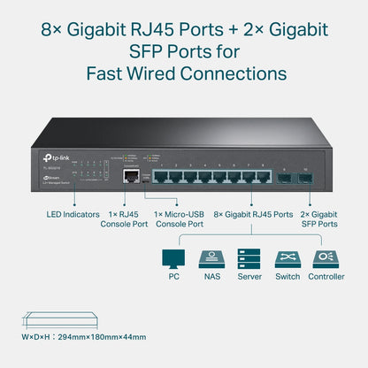 TP-Link TL-SG3210 8-Port Gigabit L2+ Managed Switch with 2 SFP Slots, 8x RJ45 Ports, Micro USB Console Port, Integration with Omada SDN Controller, Static Routing, IGMP Snooping, 802.1p/DSCP QoS, SNMP, Dual Image, IPv6