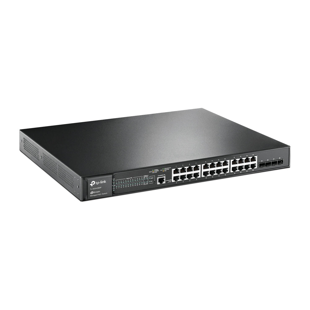 TP-Link TL-SG3428MP 28-Port Gigabit L2+ Managed Switch with 24-Port PoE+ RJ45 Ports, 4 SFP Slots, 384W PoE Power, Integration with Omada SDN Controller, Static Routing, IGMP Snooping, 802.1p/DSCP QoS, SNMP, Dual Image, IPv6