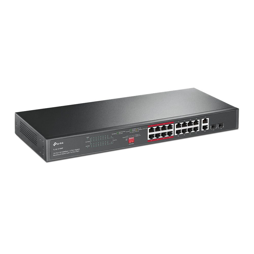 TP-Link 16 Port 10/100 Mbps + 2-Port Gigabit Rackmount Switch 250W / 150W Ethernet Hub with 16-Port PoE+, 2x Combo SFP Slots (Unmanaged) PoE Transmission for Surveillance Up to 250m, Priority Mode for Port 1-8, Isolation Mode | TL-SL1218MP, TL-SL1218P