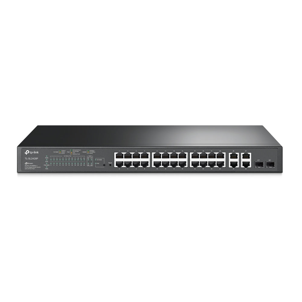 TP-Link TL-SL2428P 24-Port 10/100Mbps + 4-Port Gigabit Smart Switch with 24-Port PoE+, 2 Combo SFP Slots, RJ45 Ports, 250W PoE Power, 9.5 Mpps Forwarding Rate, Advanced QoS Features, IGMP Snooping, Dual Image, IPv6