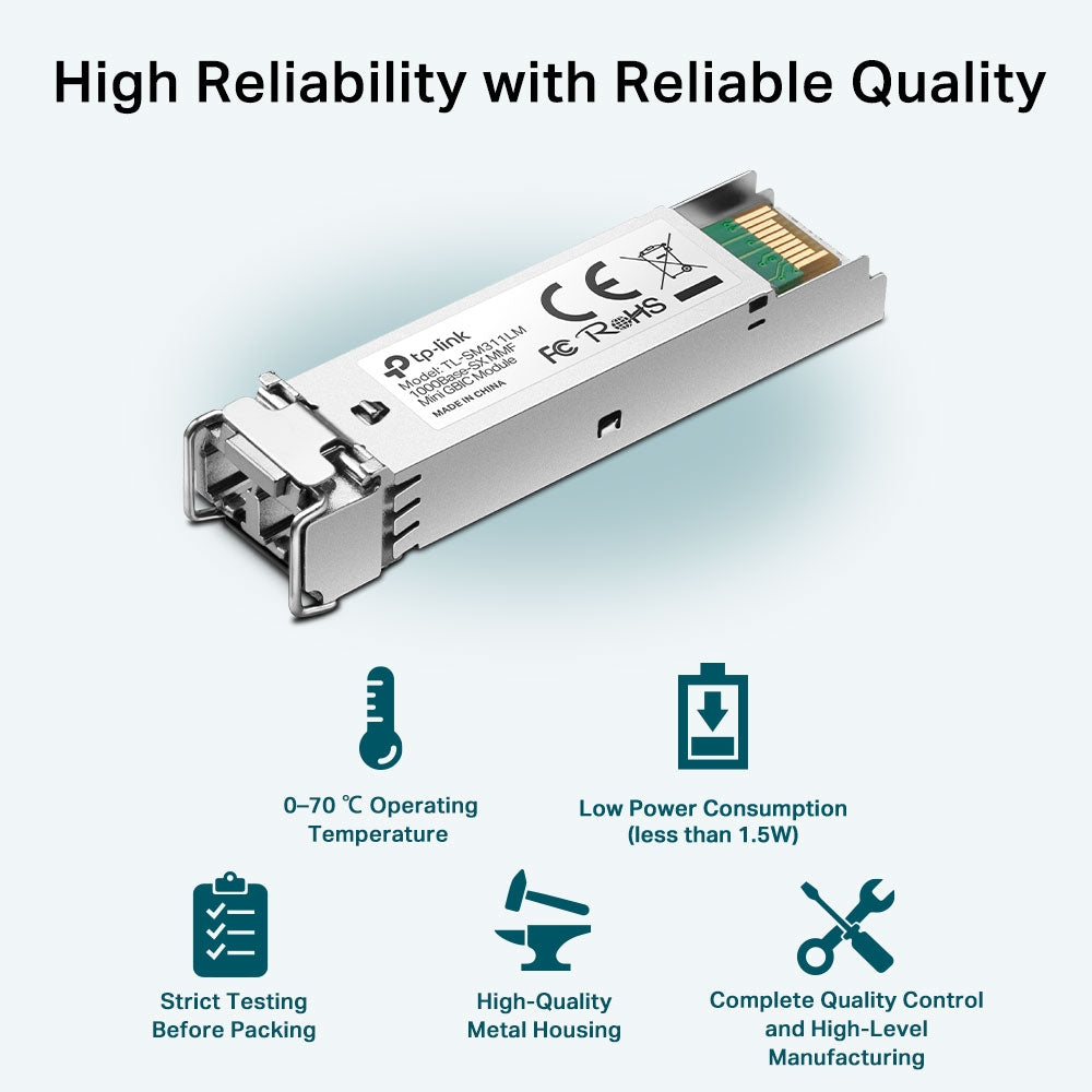 TP-Link TL-SM311LM Multi-Mode Fiber MiniGBIC Module Up to 275m / 550m Distance, LC/UPC-Type Mini-GBIC Port, Up to 1.25 Gb/s Throughput, 802.3z Fiber Channel, Work with MC200CM for Managed/Smart Switches