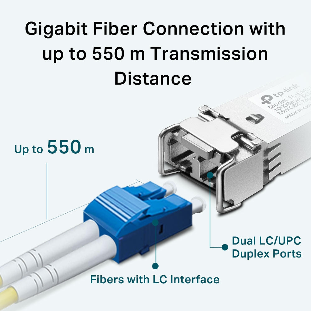 TP-Link TL-SM311LM Multi-Mode Fiber MiniGBIC Module Up to 275m / 550m Distance, LC/UPC-Type Mini-GBIC Port, Up to 1.25 Gb/s Throughput, 802.3z Fiber Channel, Work with MC200CM for Managed/Smart Switches