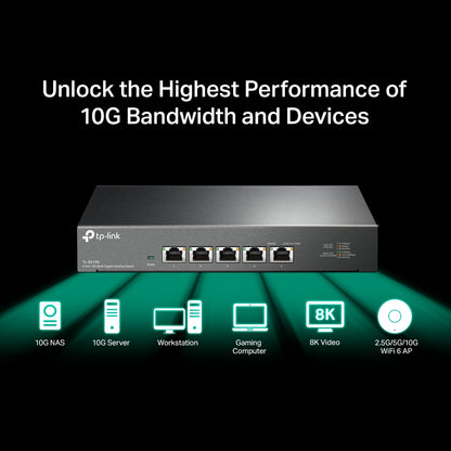 TP-Link TL-SX105 5-Port 10G Multi-Gigabit Desktop Switch (Unmanaged) Lightning Fast Connections, 5 x 10G Ethernet Ports, 100Gbps Switching Capacity, 74.4Mpps Forwarding Rate, Auto-negotiation for 5-speed, Plug & Play