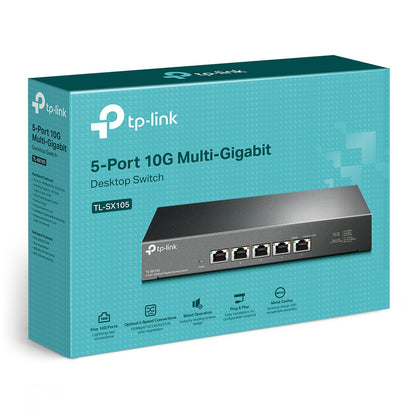 TP-Link TL-SX105 5-Port 10G Multi-Gigabit Desktop Switch (Unmanaged) Lightning Fast Connections, 5 x 10G Ethernet Ports, 100Gbps Switching Capacity, 74.4Mpps Forwarding Rate, Auto-negotiation for 5-speed, Plug & Play