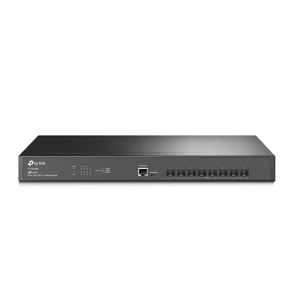 [CLEARANCE] TP-Link TL-SX3008F 8-Port 10GE SFP+ L2+ Managed Switch 1U 19-inch Rackmount with Up to 160Gbps Switching Capacity, 119.04Mpps Forwarding Rate, Integration with Omada SDN Controller, Static Routing, QoS, SNMP, Dual Image, IPv6