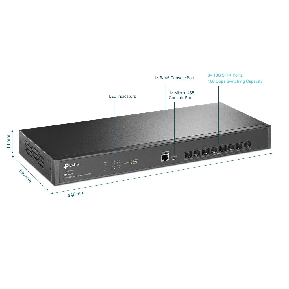 [CLEARANCE] TP-Link TL-SX3008F 8-Port 10GE SFP+ L2+ Managed Switch 1U 19-inch Rackmount with Up to 160Gbps Switching Capacity, 119.04Mpps Forwarding Rate, Integration with Omada SDN Controller, Static Routing, QoS, SNMP, Dual Image, IPv6