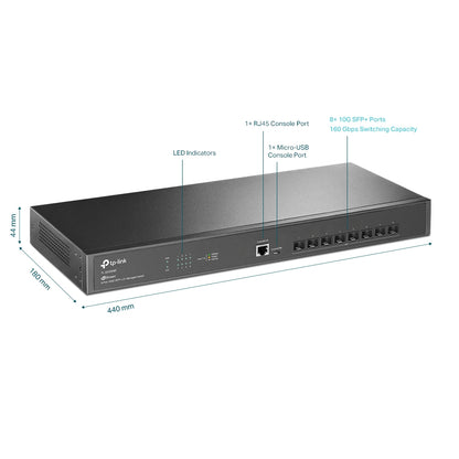 TP-Link TL-SX3008F 8-Port 10GE SFP+ L2+ Managed Switch 1U 19-inch Rackmount with Up to 160Gbps Switching Capacity, 119.04Mpps Forwarding Rate, Integration with Omada SDN Controller, Static Routing, QoS, SNMP, Dual Image, IPv6