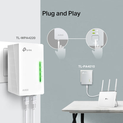 TP-Link TL-WPA4220KIT 300Mbps AV600 Wi-Fi Powerline Extender Starter Kit with 600Mbps Powerline, 300Mbps at 2.4GHz, 2x Fast Ethernet Ports, Qualcomm CPU, HomePlug AV, Auto-Synce Wi-Fi Setting, Driver Free, One-Touch Wi-Fi Configuration