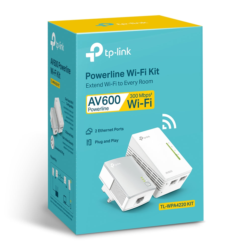 TP-Link TL-WPA4220KIT 300Mbps AV600 Wi-Fi Powerline Extender Starter Kit with 600Mbps Powerline, 300Mbps at 2.4GHz, 2x Fast Ethernet Ports, Qualcomm CPU, HomePlug AV, Auto-Synce Wi-Fi Setting, Driver Free, One-Touch Wi-Fi Configuration