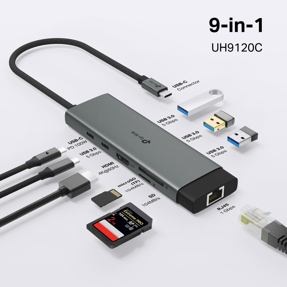 TP-Link UH9120C 9 in 1 Hub with 4K 60Hz HDMI, 2 USB-A 3.0, USB Type-C 3.0, PD100W Fast Charging, SD / TF 20MB/s Card Slots, RJ45 1Gbps Ethernet Ports, 5Gbps SuperSpeed Data Transfer, Multicompatible Plug & Play for PC Desktop Laptop