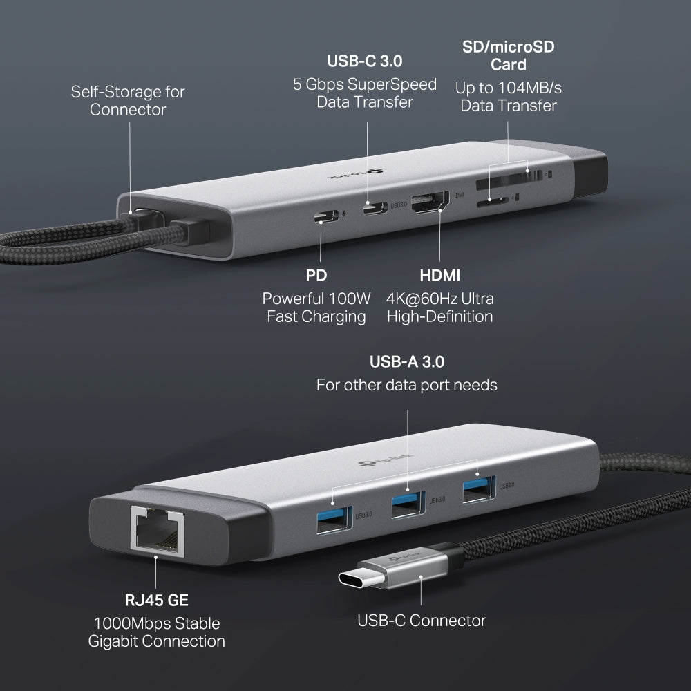 TP-Link UH9120C 9 in 1 Hub with 4K 60Hz HDMI, 2 USB-A 3.0, USB Type-C 3.0, PD100W Fast Charging, SD / TF 20MB/s Card Slots, RJ45 1Gbps Ethernet Ports, 5Gbps SuperSpeed Data Transfer, Multicompatible Plug & Play for PC Desktop Laptop