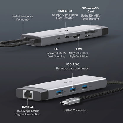 TP-Link UH9120C 9 in 1 Hub with 4K 60Hz HDMI, 2 USB-A 3.0, USB Type-C 3.0, PD100W Fast Charging, SD / TF 20MB/s Card Slots, RJ45 1Gbps Ethernet Ports, 5Gbps SuperSpeed Data Transfer, Multicompatible Plug & Play for PC Desktop Laptop