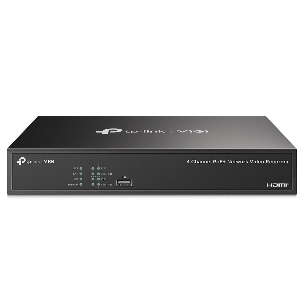 TP-Link VIGI NVR1004H-4P 4 Channel Live View 53W PoE+ Network Video Recorder 4K HDMI Output, Sync Playback, H.265+ Video Coding, ONVIF and SMART Detection and SATA Port with Max 10TB Storage for Security and Live Surveillance