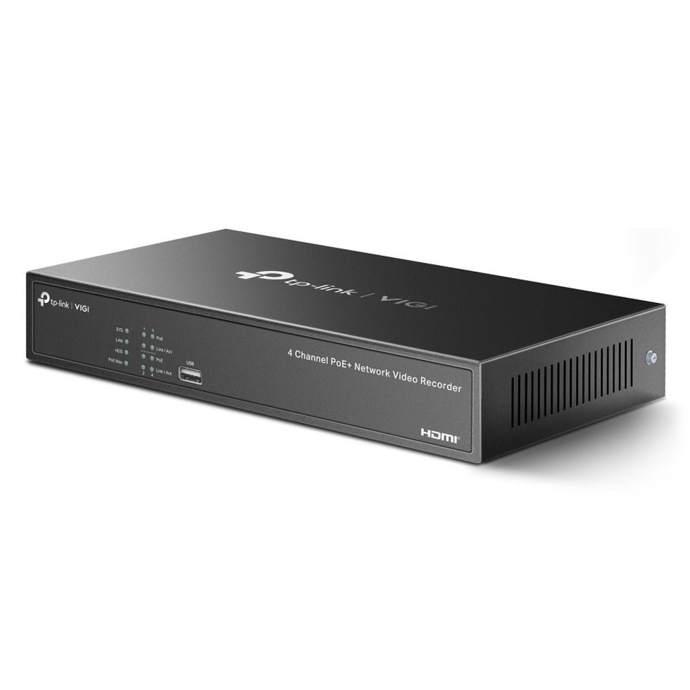 TP-Link VIGI NVR1004H-4P 4 Channel Live View 53W PoE+ Network Video Recorder 4K HDMI Output, Sync Playback, H.265+ Video Coding, ONVIF and SMART Detection and SATA Port with Max 10TB Storage for Security and Live Surveillance