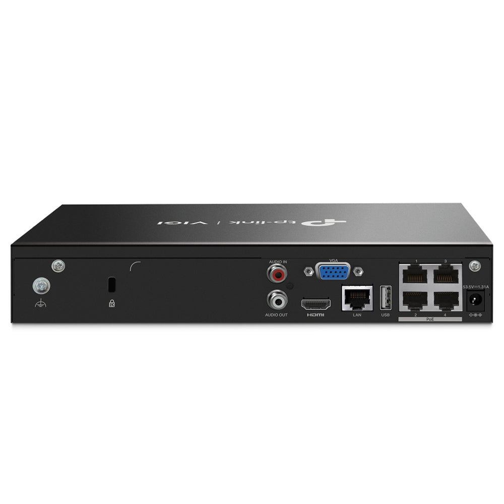 TP-Link VIGI NVR1004H-4P 4 Channel Live View 53W PoE+ Network Video Recorder 4K HDMI Output, Sync Playback, H.265+ Video Coding, ONVIF and SMART Detection and SATA Port with Max 10TB Storage for Security and Live Surveillance