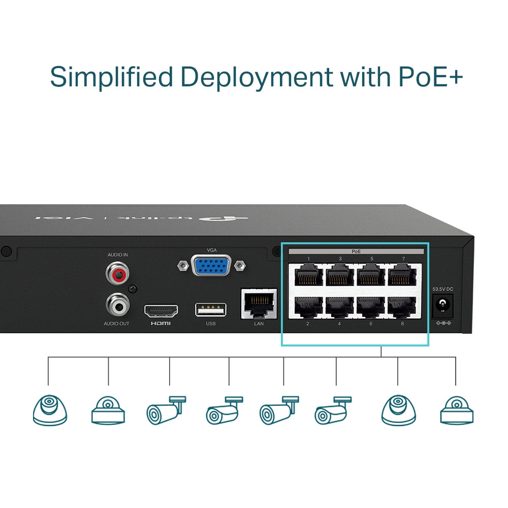TP-Link ViGI NVR1008H-8P 8 Channel Live View PoE+ Network Video Recorder 4K Output, 24/7 Recording, H.265 Video Coding, ONVIF and SMART Detection, Rack Mountable Max 10TB Storage with Remote Monitoring for Security and Live Surveillance