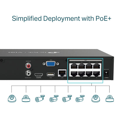 TP-Link ViGI NVR1008H-8P 8 Channel Live View PoE+ Network Video Recorder 4K Output, 24/7 Recording, H.265 Video Coding, ONVIF and SMART Detection, Rack Mountable Max 10TB Storage with Remote Monitoring for Security and Live Surveillance