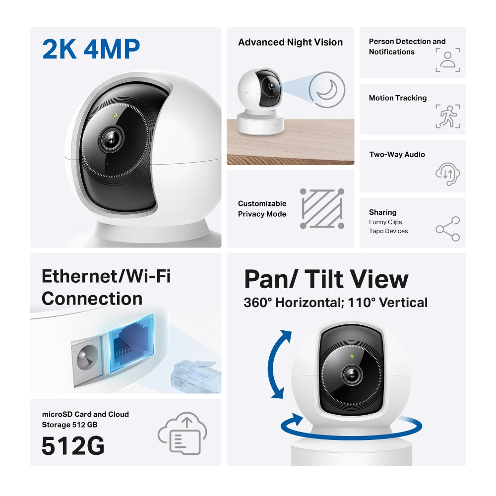 TP-Link Tapo C222 / C220 2K QHD / C200C 1080p Full HD Home CCTV WIFI Camera with 360° Pan / 114° Tilt, Night Vision, Smart AI Motion Detection, 2-Way Audio and 512GB MicroSD Slot for Home Security
