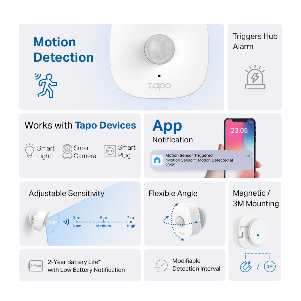 TP-Link Tapo T100 Smart Motion Sensor with 3 Levels, 7 Meters Max Detection Distance, Instant Alerts and Application Notifications for Home Security
