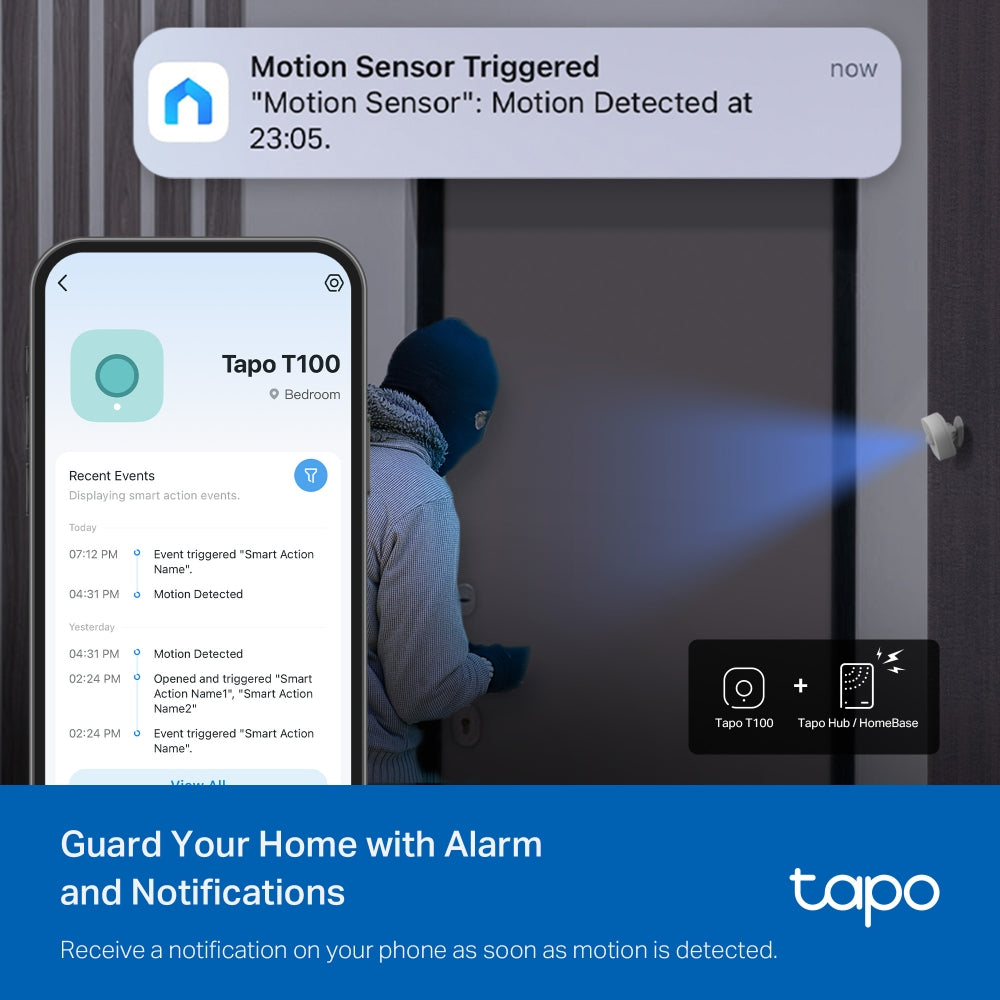 TP-Link Tapo T100 Smart Motion Sensor with 3 Levels, 7 Meters Max Detection Distance, Instant Alerts and Application Notifications for Home Security