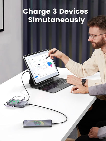 UGREEN Magnetic Wireless Fast Charging Multi-Device Power Bank 15W with 10000mAh Power Capacity, USB-A / USB-C Power Output, LED Light Battery Indicator and Foldable Built-in Kickstand for Smartphones, Earbuds & Tablets | 15086