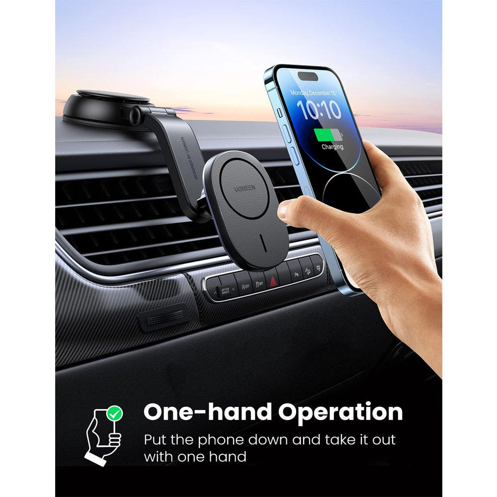 UGREEN Wireless Fast Charging Magnetic Car Charger Phone Holder with Dashboard and Aircon Vent Mount for iPhone and Android Smartphones | 15120