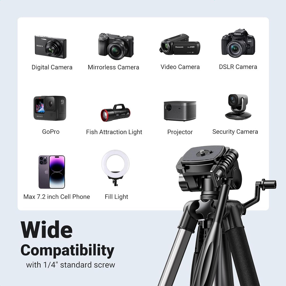 UGREEN LP661 4-Section Professional Tripod with Clip Phone Holder, 1/4" Screw,  53.5-175cm Adjustable Height, 360° Pan/180° Tilt, 5KG Max Payload, Horizontal & Vertical Shooting for Camera, Camcorder, Smartphone, Projector, etc. | 15187