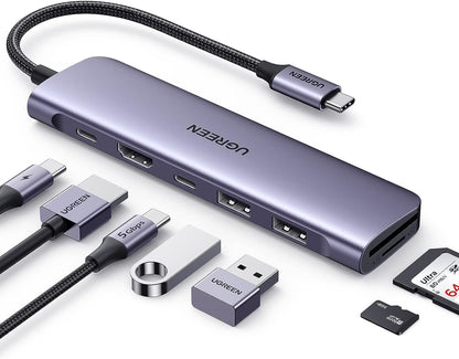 UGREEN 7-in-1 Multifunction Adapter USB C 100W PD Hub with 4K/30Hz HDMI, 5Gbps USB C / USB A / USB 3.0 High Speed Data Transmission Ports, SD/TF Card Reading Slots for Smartphone, Laptop, iPad, Switch w/ Windows/macOS/Linux System | 15214