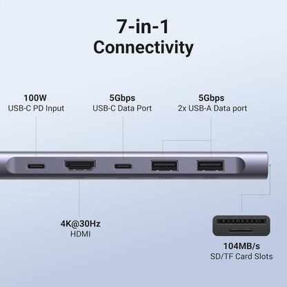 UGREEN 7-in-1 Multifunction Adapter USB C 100W PD Hub with 4K/30Hz HDMI, 5Gbps USB C / USB A / USB 3.0 High Speed Data Transmission Ports, SD/TF Card Reading Slots for Smartphone, Laptop, iPad, Switch w/ Windows/macOS/Linux System | 15214