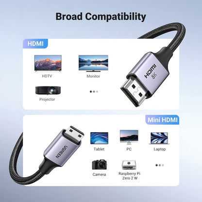 UGREEN Bidirectional 8K UHD 60Hz Mini HDMI Port to HDMI 2.1 Nylon Braided Cable with 48Gbps Bandwith, Dynamic HDR and eARC for TV, Monitor, Projector to Tablet, Computer, PC, Camera, and Laptop (1 Meter /  2 Meters) | 15514 15515